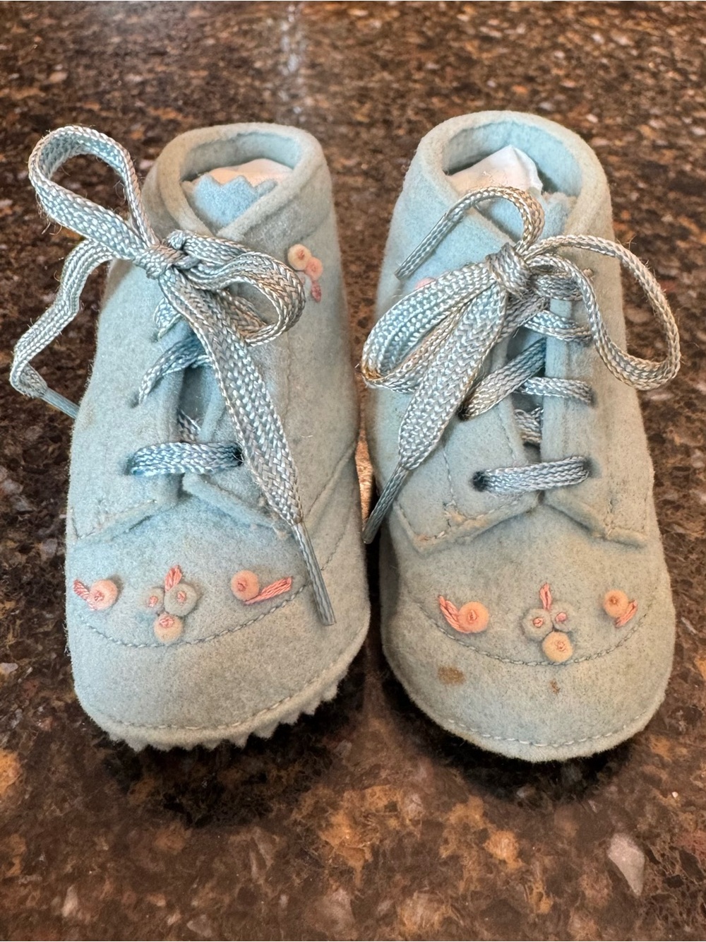 Vintage 1950’s Light Blue Wool Baby Booties with Pink Floral Hand Embroidery